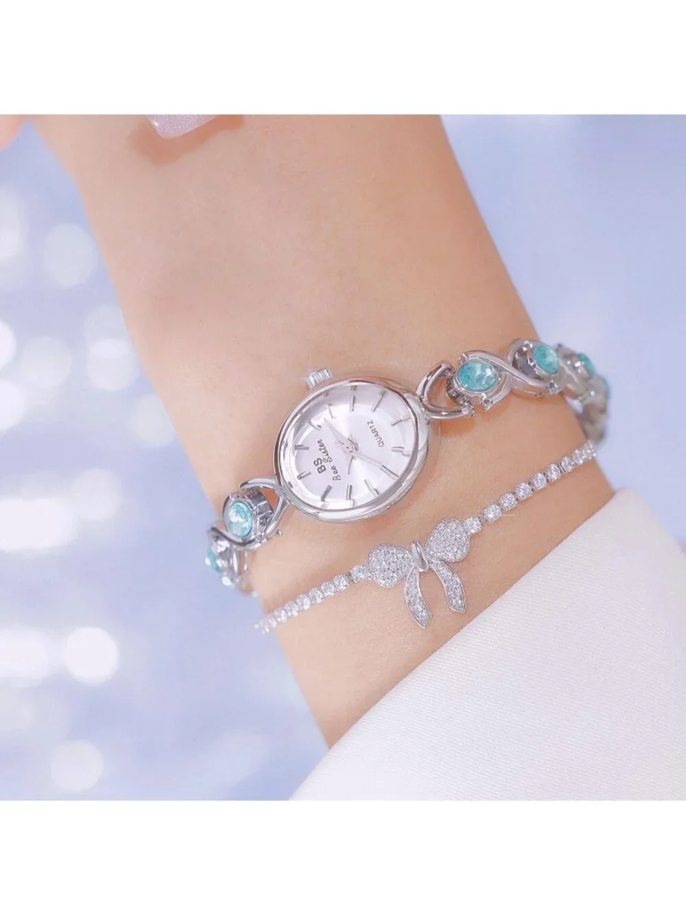 Women's Silver Sky Blue Analog Quartz Oval Dainty Vintage Bracelet Luxury Watch